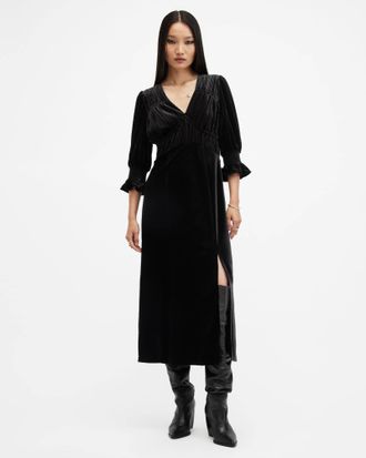 AllSaints Ani V-Neck Velvet Midi Dress