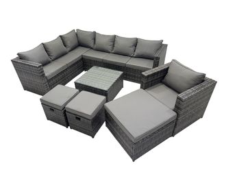 Fimous Patio Furniture Sets with Corner Sofa Chair Coffee Table 3 Footstools in Dark Grey