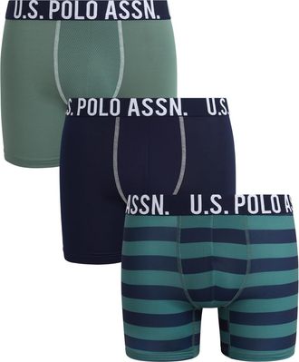 U.S.Polo Association Mens Boxer Briefs - 3 Pack 6 Inseam Cotton Breathable Mens Underwear Boxer Shorts Pack with Contour Pouch, Green/Print/Maritime Blue, M