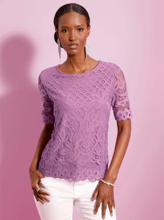 Cr&eacute;ation L Spitzenshirt CREATION L Spitzenshirt, Damen, Gr. 36, orchidee, 65% Baumwolle, 35% Polyamid, unifarben, Rundhals, Shirts Spitzenshirt