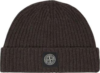 Stone Island Folded Cuff Emblem Ribbed Knit Beanie