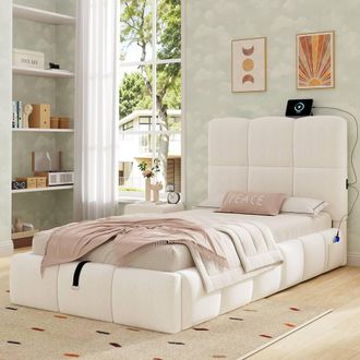 Merax Velvet 3ft Single Ottoman Bed with Tufted Headboard & USB Port in Beige