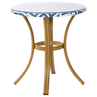 Beliani Mesa De Jard&iacute;n Azul Y Blanco Tablero De Rat&aacute;n Pe &Oslash; 70 Cm Estructura De Vidrio Y Aluminio Rifreddo