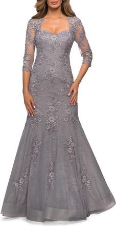 La Femme Long Lace Mermaid Gown with Square Neckline in Silver at Nordstrom, Size 16