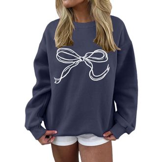 Generic Sweatshirts for Women UK Bow Graphic Long Sleeve Oversized Jumpers Ladies Sweatshirt Crewneck Vintage Pullover Tops Fall Fashion 2025 Trendy Navy