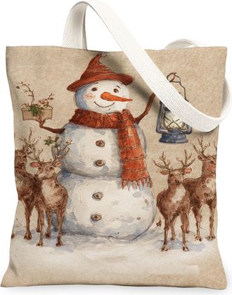 Generic Vintage Fanciful Canvas Tote Bags, Snow Man and Reindeer Pattern Reusable Grocery Bags, Lightweight Washable Shoulder Strap, Beige, 13x15 Inch