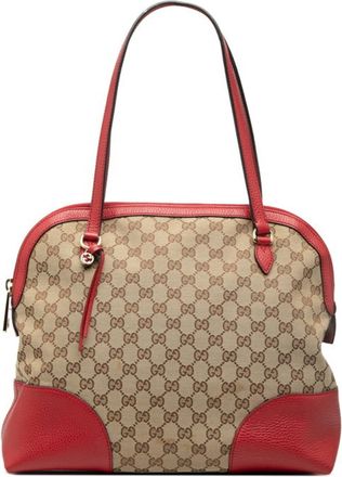 Gucci Beige Red Color Canvas Leather Handbag Tote Bag (Pre-Owned)