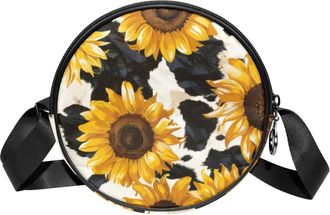 Generic Circle Crossbody Bag for Women, Floral Leaves Small Sling Bag Daypack with Zipper Adjustable Shoulder Straps Casual Ladies Girls Round Purse