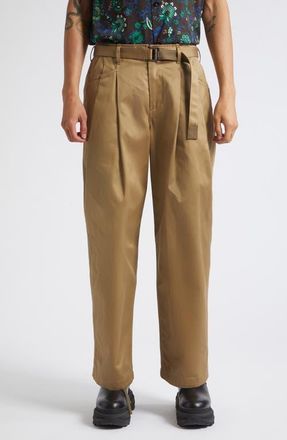 sacai Belted Pleat Front Cotton Chinos in Dark Beige at Nordstrom, Size 2