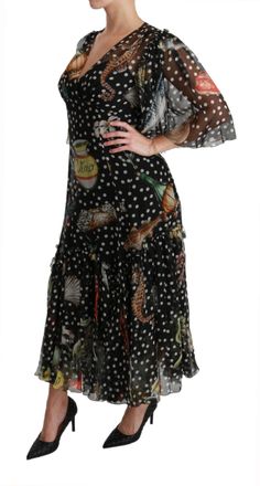 Dolce & Gabbana Womens Black Sea Fish Sicily A-Line Shift Dress Silk