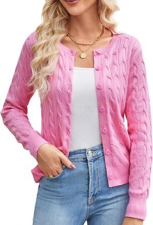 Grace Karin Casual Cardigan Sweater Crew Neck Long Sleeve Lightweight Cropped Cardigans Elegant Short Cardigan Tops M Pink