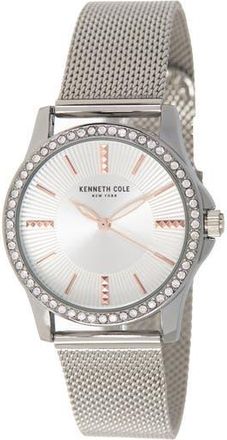 Kenneth Cole Womens Crystal Encrusted 3-Hand Quartz Mesh Strap Watch, 33.5mm in Silver at Nordstrom Rack