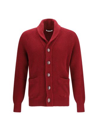 Brunello Cucinelli Mens Cardigan Ribbed Cotton Cherry Sweater