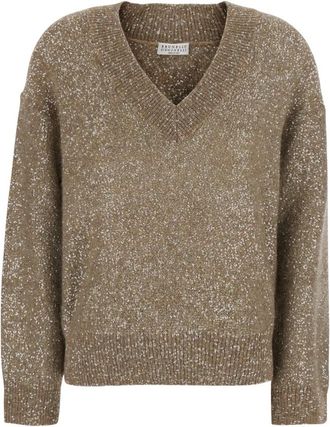 Brunello Cucinelli Trui met Verfijnde Textuur - Dames - V-hals truien - Beige - S - Wol - Truien & Vesten