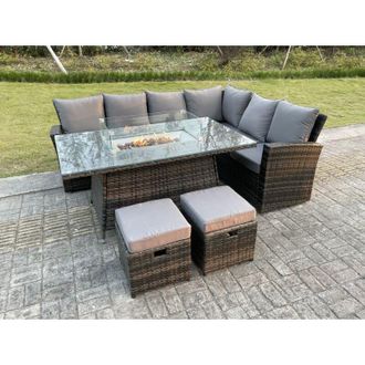 Fimous High Back Rattan Garden Furniture Sets Gas Fire Pit Dining Table Set Gas Heater Right Corner Sofa Small Footstools 8 Seater - Fimous