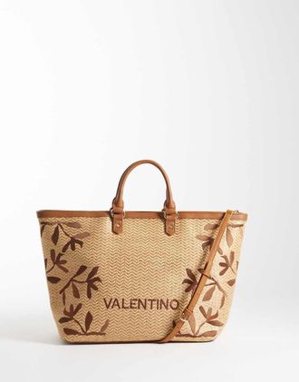 Valentino Ko Re - Borsa shopping grande in rafia con stampa floreale in rilievo colore neutro