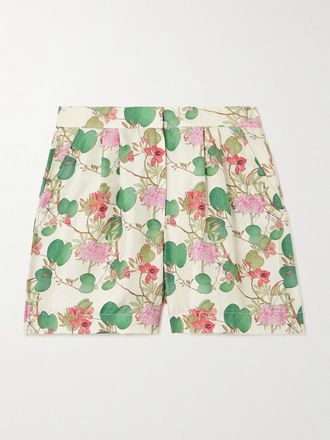 Emporio Sirenuse Shorts In Twill Di Seta Floreale Con Pinces Tamu - Bianco
