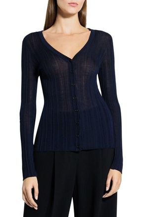 Theory Novel Pointelle Rib Wool Blend Cardigan in Dark Navy at Nordstrom, Size Petite