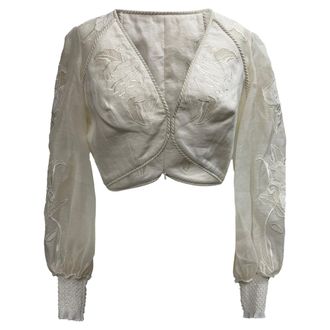 Zimmermann Embroidered Long Sleeve Cropped Top in White Linen