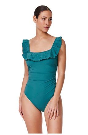 Gottex Bachelorette Square Neck Ruffle One Piece in Lagoon at Nordstrom, Size 16