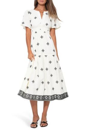 Adelyn Rae Elani Embroidered Cotton Midi Dress in Ivory/Black at Nordstrom, Size X-Small