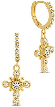 Sterling Forever Lisbeth Micro Hoop Cubic Zirconia Cross Drop Earrings in Gold at Nordstrom Rack