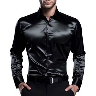 Generic Mens Glossy Shirts, Shiny Satin Long Sleeve Shirt, Wrinkle Free Glossy Button Down Shirts with Lapel Collar, Slim Fit Dress Shirt for Disco Party, Fas