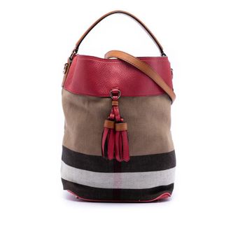 Burberry Pre-owned Burberry Medium Mega Check Canvas and Grained Calfskin Ashby Tassel Bucket Bag CNQINCHOQIN
