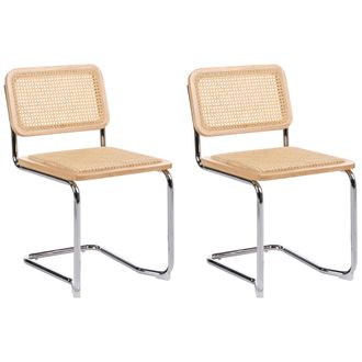 Beliani Conjunto De 2 Sillas De Comedor Cantilever Silla De Rat&aacute;n Respaldo Sin Reposabrazos Estructura De Metal Madera Clara Cordoba