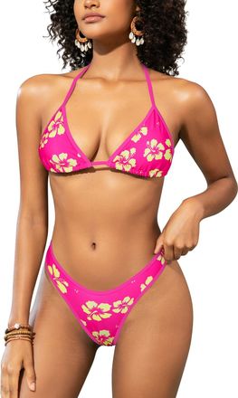 SHEKINI Women Triangle Bikinis Halter String Bikini Set Cheeky High Cut Sexy Two Piece Thong Swimsuit Bathing Suits, Yellow Floral, X-Large