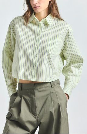 Derek Lam Evelina Stripe Woven Shirt in Shadow Lime /White at Nordstrom, Size Xx-Large