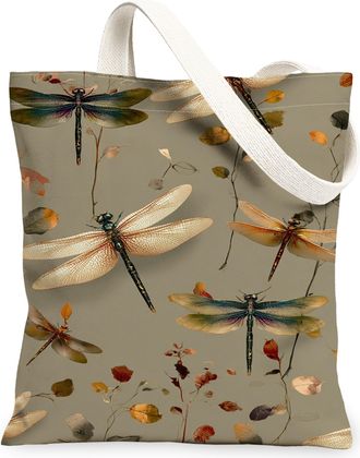 Generic Dragonfly Floral Canvas Tote Bags, Artistic Insect Pattern Reusable Grocery Bags, Autumn Vintage Lightweight Washable, Beige, 13x15 Inch