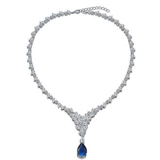Rachel Glauber White Gold Plated with Sapphire Blue Cubic ZIrconia Cluster Bridal Y-Necklace