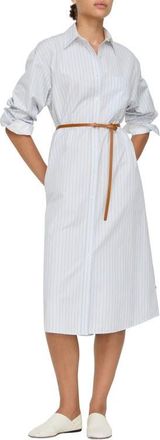 Lafayette 148 New York Aurora Stripe Long Sleeve Belted Oversize Cotton Poplin Midi Shirtdress in Glacier Blue Multi at Nordstrom, Size X-Large