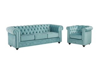 Vente-Unique Sof&aacute; 3 plazas y sill&oacute;n de terciopelo CHESTERFIELD - Azul pastel