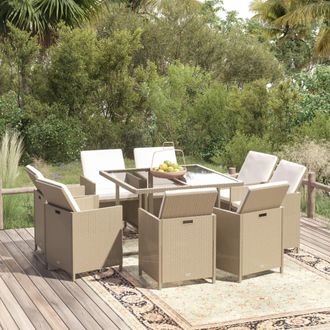 vidaXL Set Comedor De Jard&iacute;n 9 Pzas Con Cojines Rat&aacute;n Sint&eacute;tico Beige Vidaxl