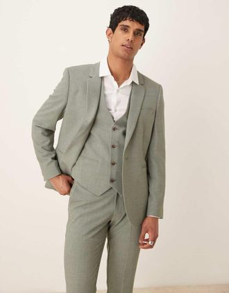 Asos Giacca da abito skinny kaki con tratteggio incrociato-Verde