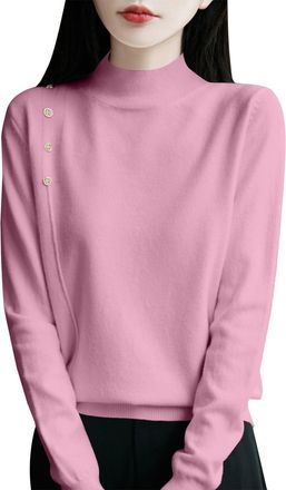 Generic Womens Polo Neck Jumpers Ladies Turtle Neck Cashmere Pullover Knitted Tops Casual Lightweight Basic Plain Jumper (Z03-Pink, L)