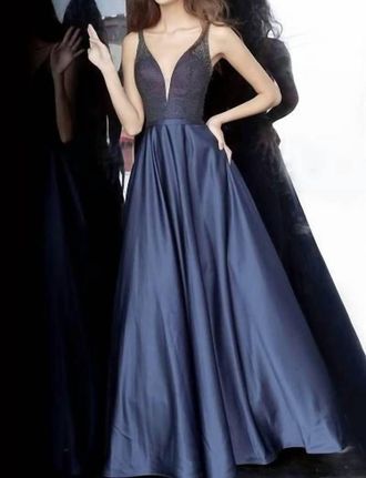 Jovani Plunging Beaded Bodice Prom Gown In Navy