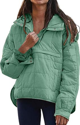 Generic coats for women uk,Quilted Puffer Jacket for Women UK Lightweight Pullover Hoodie Warm Winter Down Jackets Quarter Button Casual Padded Coats,Green,S