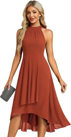 Ever-pretty Midi Halter Neck Chiffon Wedding Guest Dress with Sleeveless and A-Line Burnt Orange 8UK