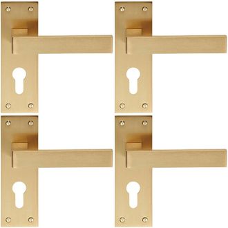 Loops 4x PAIR Straight Square Handle on Euro Lock Backplate 150 x 50mm Satin Brass in Metallics