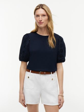 Tommy Hilfiger Womens Embroidered Eyelet Mixed-Media Top - Navy - XXL