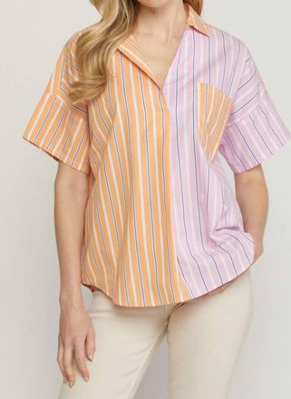 Entro Striped Color Block Top In Pink/orange