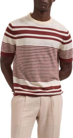 Bugatchi Stripe Short Sleeve Linen & Cotton Blend Sweater in Sienna at Nordstrom, Size Xx-Large