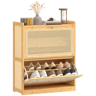 HOMCOM Homcom Zapatero Estrecho De Bamb&uacute; Con 2 Cajones Abatibles De Rat&aacute;n, Estantes Ajustables, Para 12-14 Pares De Zapatos, 69x29x83 Cm, Natural