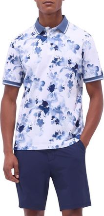 Bugatchi Tipped Floral Pima Cotton Polo in Steel at Nordstrom, Size Large