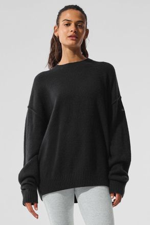 Alo | Wool Cashmere New Class Crewneck Sweater Top in Black, Size: Medium