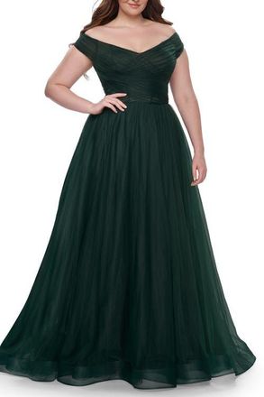 La Femme A-Line Tulle Off the Shoulder Plus Size Dress with Slit in Dark Emerald at Nordstrom, Size 12W