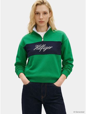 Tommy Hilfiger Womens Brushed-Back Quarter-Zip Sweatshirt - Green - XXL